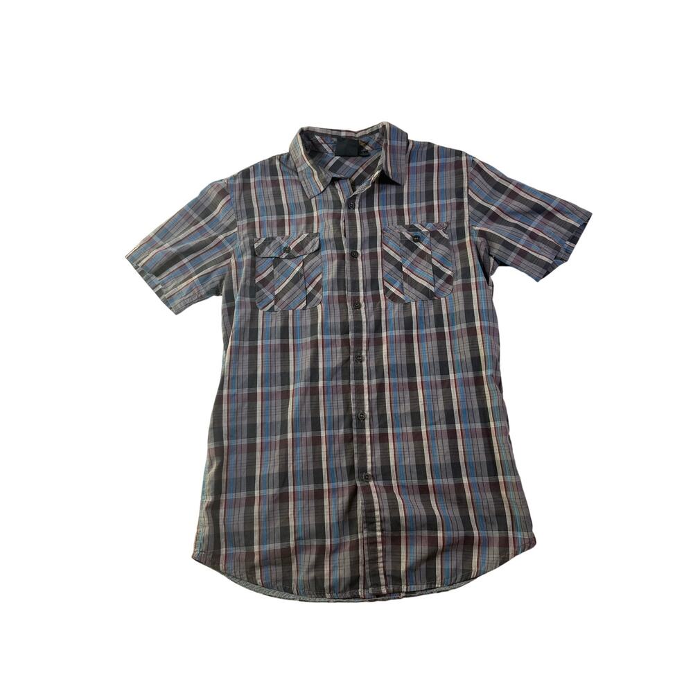 Burnside Men’s Gray Blue Plaid Short Sleeve Button Up shirt